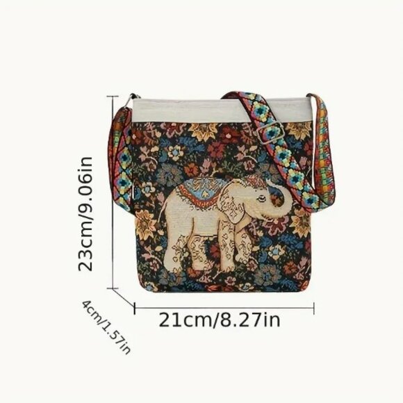 Canvas Elephant Embroidery Crossbody Bag Vibrant Ethnic Design Adjustable Strap - Picture 2 of 10